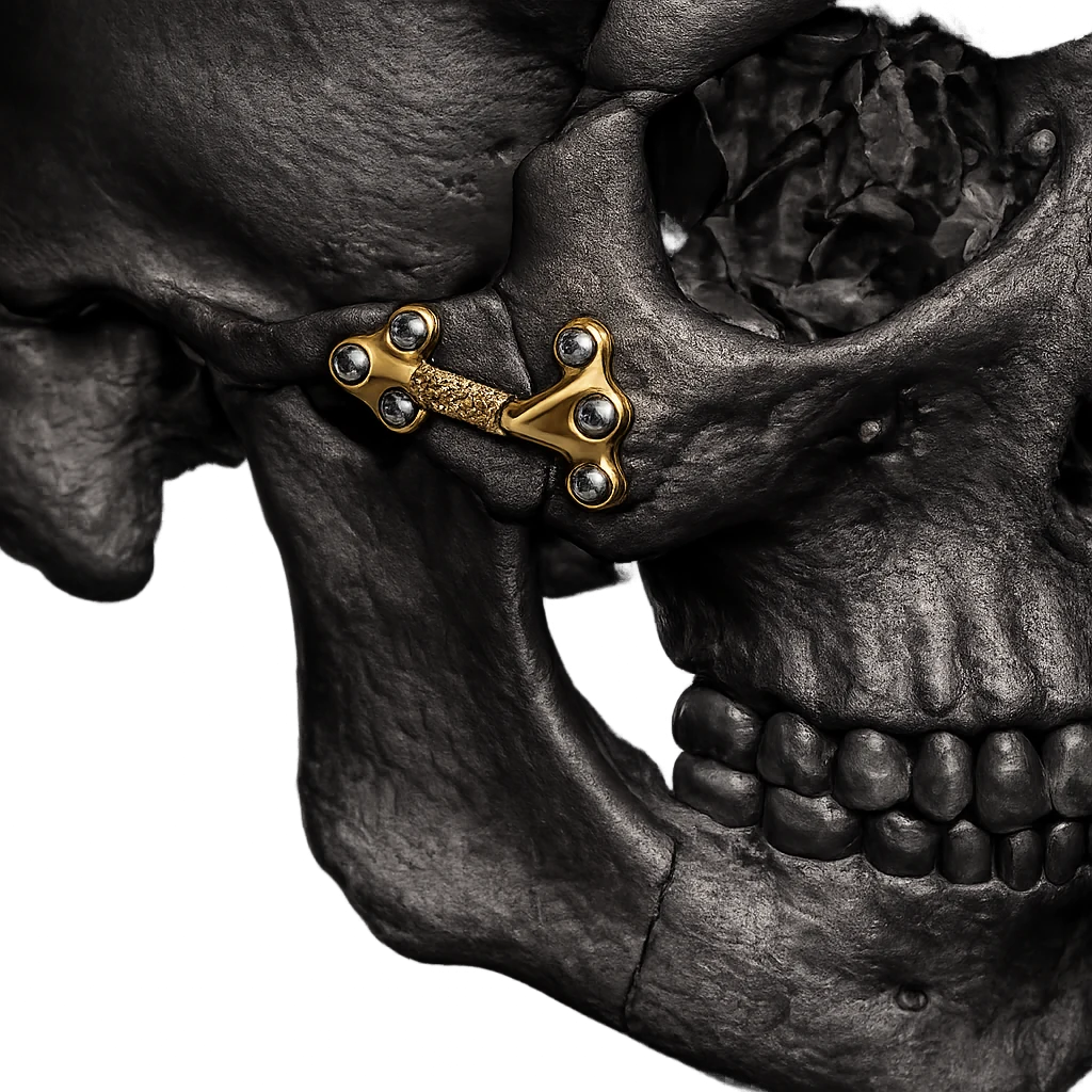 Distractor positioned across the zygomatic arch on a patient specific anatomical reference.