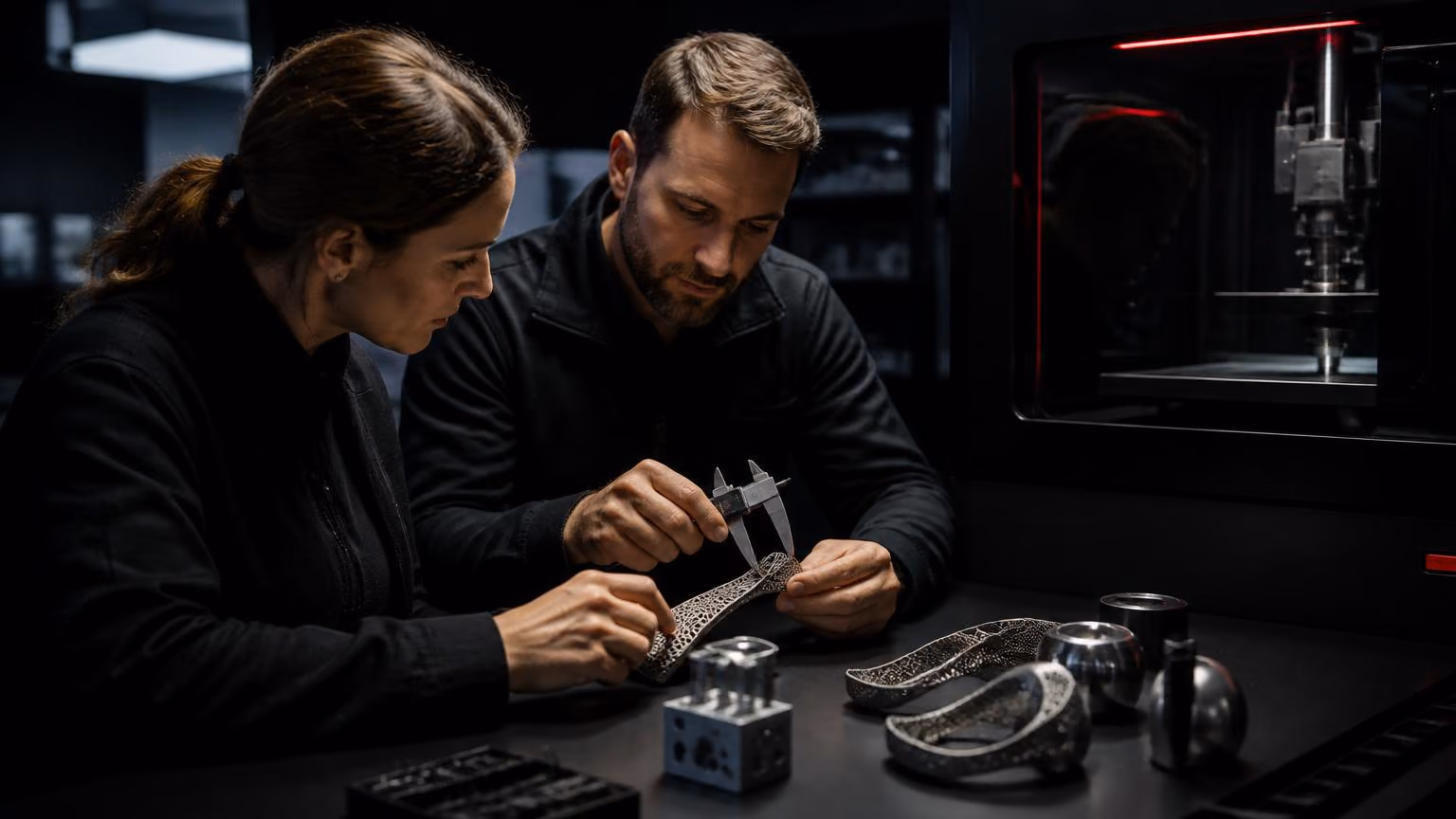 Engineers inspecting additively manufactured titanium components in an engineering laboratory